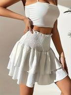 Women's Elegant Middle Eastern-Inspired Tiered Skirt - Solid Color, Machine Washable, Non-See-Through Fabric, Regular Length for Spring/Summer Casual & Formal Wear - White