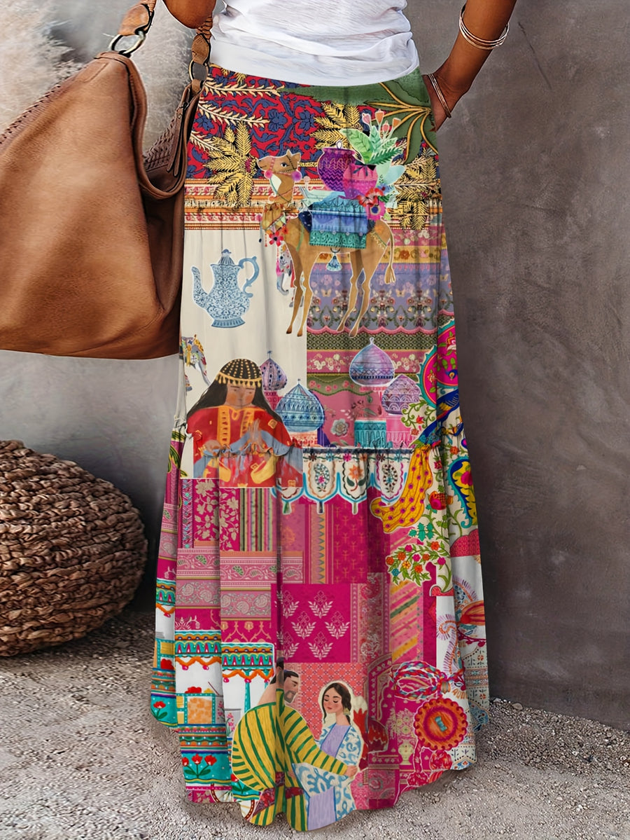 Women's Casual Long Flowy Maxi Skirt with Vibrant Digital Print & Ruffled Hem - Lightweight 100% Polyester Machine-Washable Spring Summer Dress for Beach Outings, Picnics, Casual Outings, Beach Skirt | Ruffled Hem Skirt | Bright Colors Fabric, Summer - Multicolor