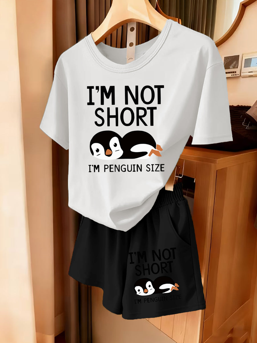2pcs Women'S Summer Short Sleeve Set - I'M NOT SHORT Fun Penguin Print Short Sleeve And Shorts Outfit, Comfortable, Soft, Breathable Sportswear for Daily Wear, Suitable For, Campus, Valentine'S Day, Women'S Pajamas, Jogging, Fitness - White+black