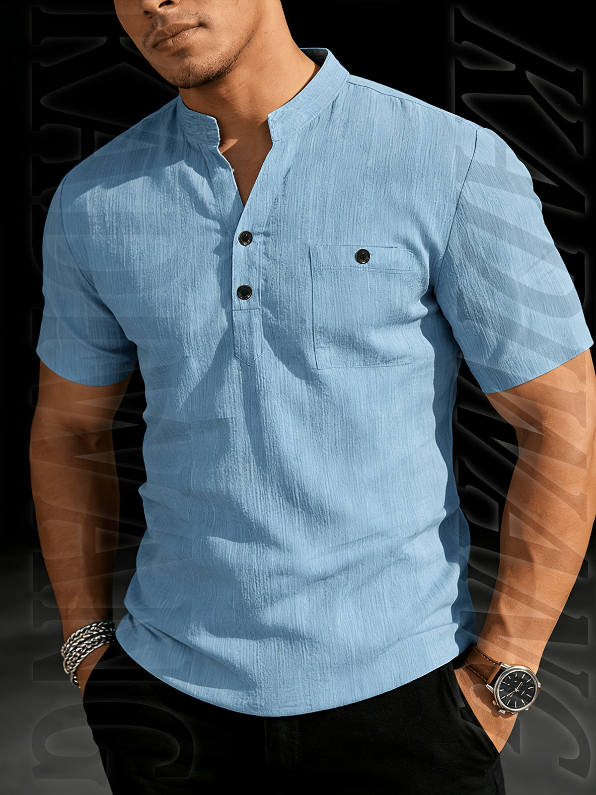 Henley Shirt Men's High-Quality Summer Short-Sleeve Henley T-Shirt - Men's Top, Old Money Style, Suitable for Golf Attire, Outdoor Camping, Fishing, and Daily Casual Wear - Sky Blue