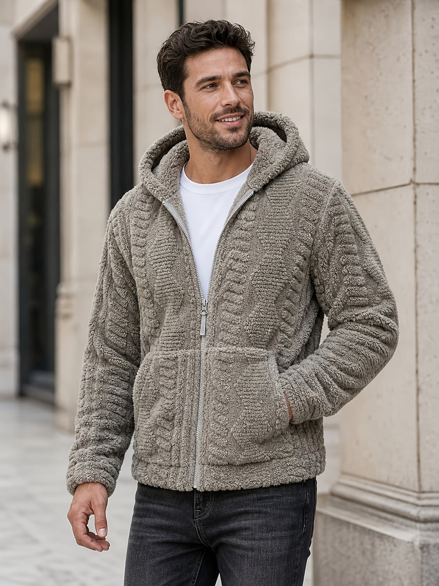 Men'S Plush Fleece Hooded Jacket, Full-Zip Long Sleeve Outerwear with Hand Pockets, Elastic Cuffs And Hem, Solid Color Textured Casual Jacket for Fall/Winter Daily Wear, Travel And Outdoor Activities - Grey