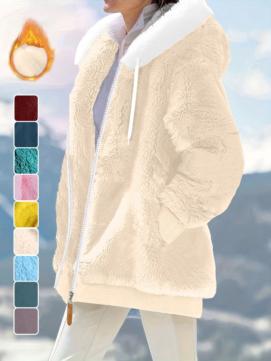 Ladies Autumn Winter Relaxed Cut Plush Hooded Outercoat, Contrast Color Trim Zip Front Warm Lined Jacket, Ribbed Cuff Windproof Casual Outerwear for Daily Commuting and Cold Season Everyday Styling - Apricot