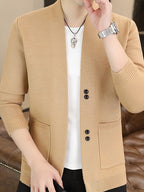 [Dulinglan OBM] Spring/Autumn New Men'S Knit Cardigan, Old Money Style Solid Striped Open Collar V-Neck Knit Cardigan Men'S Business Casual Fashion Open Collar Knit Sweater Top, Suitable for Spring, Autumn, Layering Or Outerwear - Yellow Apricot