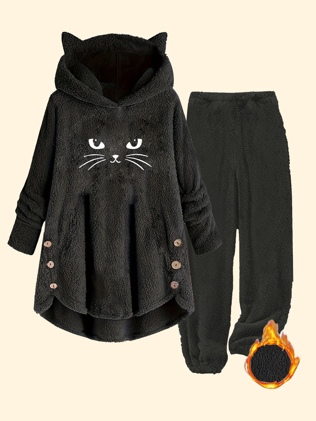 Targeted Development Fashion Women'S Contrast Plush Cat Ear Cute Casual Hoodie And Pants Set - Black