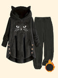 Targeted Development Fashion Women'S Contrast Plush Cat Ear Cute Casual Hoodie And Pants Set - Black
