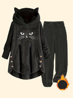 Targeted Development Fashion Women'S Contrast Plush Cat Ear Cute Casual Hoodie And Pants Set - Black