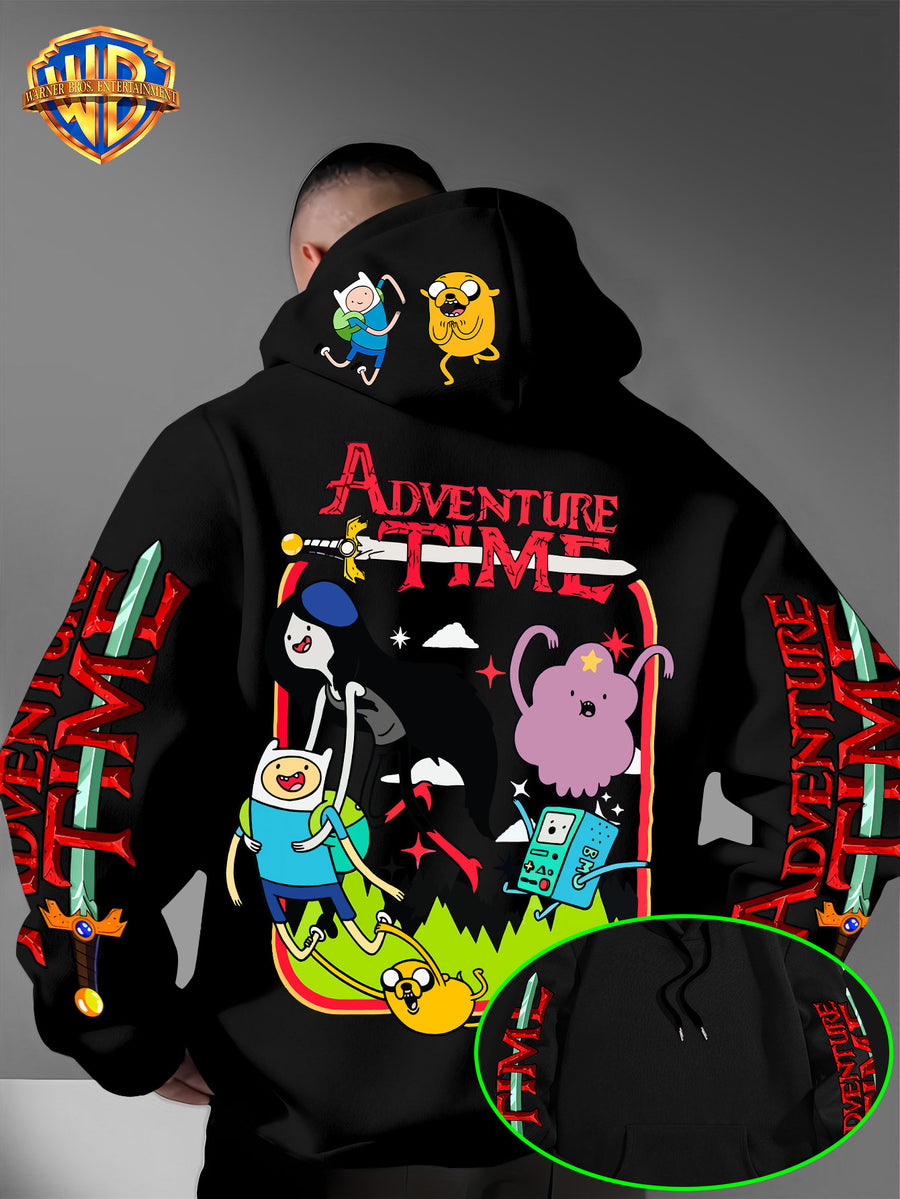 Warner Bros. Adventure Time Large Back Print, Hooded Sweatshirt with Hat Design Pattern, Multifunctional Street Style Men's Hoodie, Comfortable and Casual, Suitable for Autumn and Winter Wear - Black