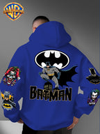 DC Batman Joker IP Official Hooded Sweatshirt with Gotham Crouching Batman on the Back + Bat Logo Themed Print, Drawstring Loose Hoodie, Wear-Resistant and Wash-Resistant Autumn/Winter Trendy Top - Blue
