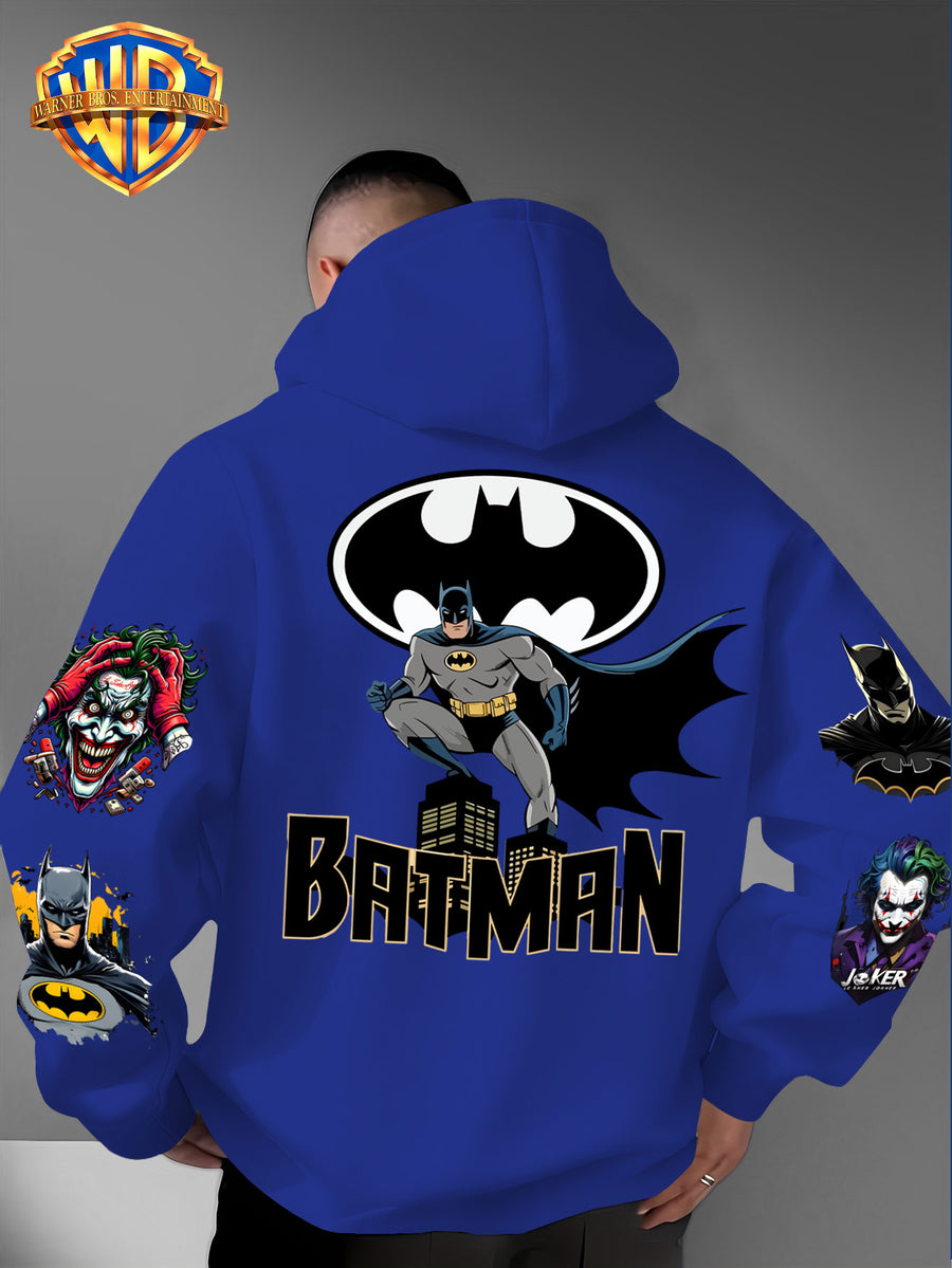 DC Batman Joker IP Official Hooded Sweatshirt with Gotham Crouching Batman on the Back + Bat Logo Themed Print, Drawstring Loose Hoodie, Wear-Resistant and Wash-Resistant Autumn/Winter Trendy Top - Blue