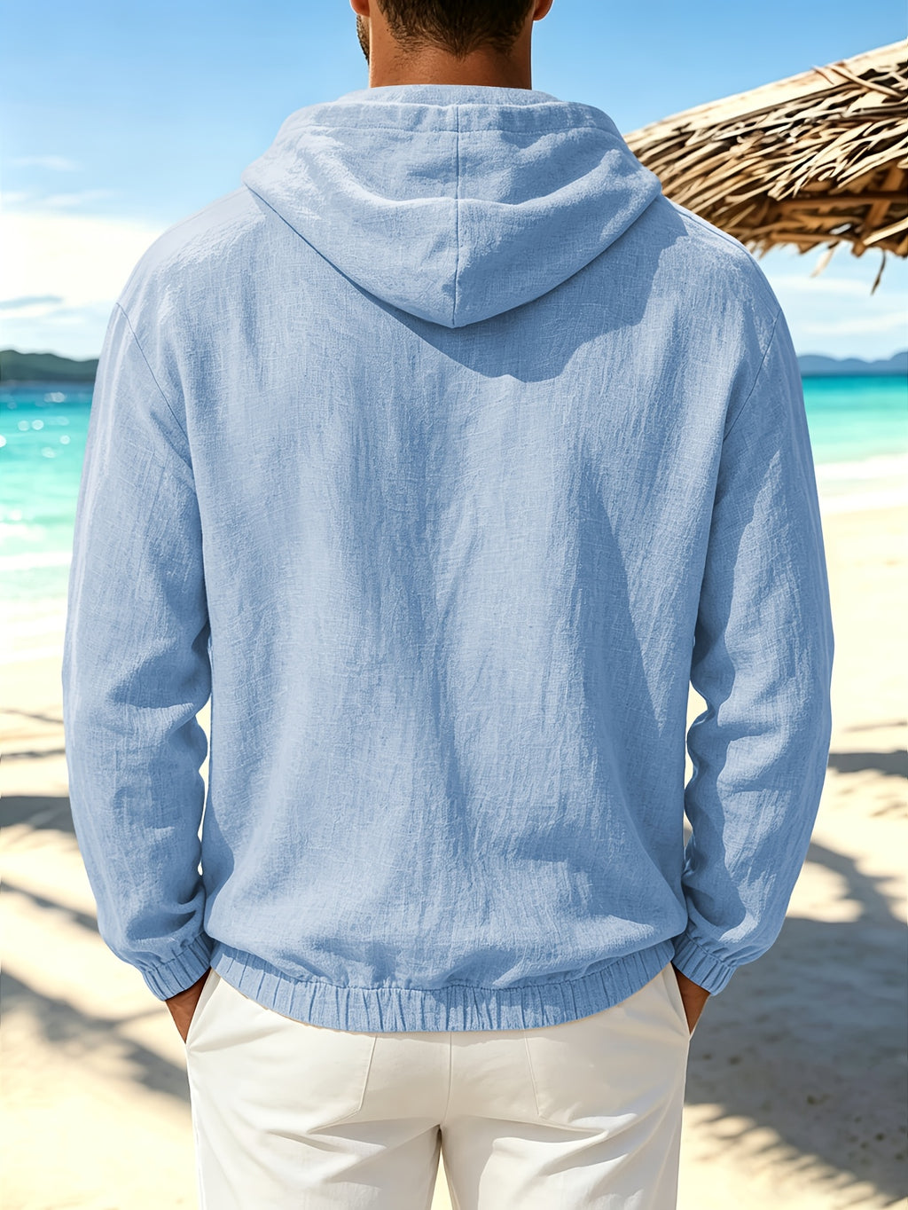 Men'S Spring Autumn New Thin Solid Linen Lightweight Hooded Sweatshirt Casual Commute Outing Fitness Party Street Fashion Athletic Casual Large Pocket Long Sleeve Hooded Top - Sky Blue