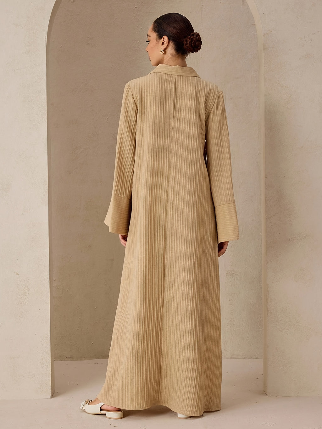 Women'S Ruched Middle Eastern Muslim Elegant Solid Color Patchwork Neckline A-Line Abaya - Khaki
