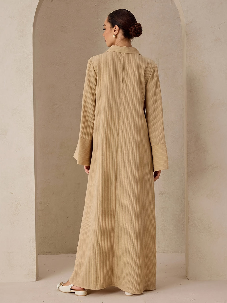 Women'S Ruched Middle Eastern Muslim Elegant Solid Color Patchwork Neckline A-Line Abaya - Khaki