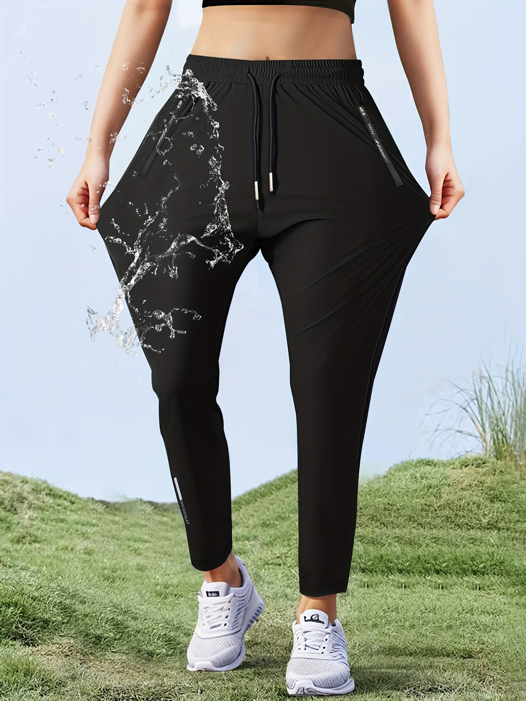 Women'S High-Elasticity Straight-Leg Fiber Pants | Casual Solid Color Long Length with Drawstring Waist, Zipper Pocket, Quick-Dry for Spring/Fall - Black