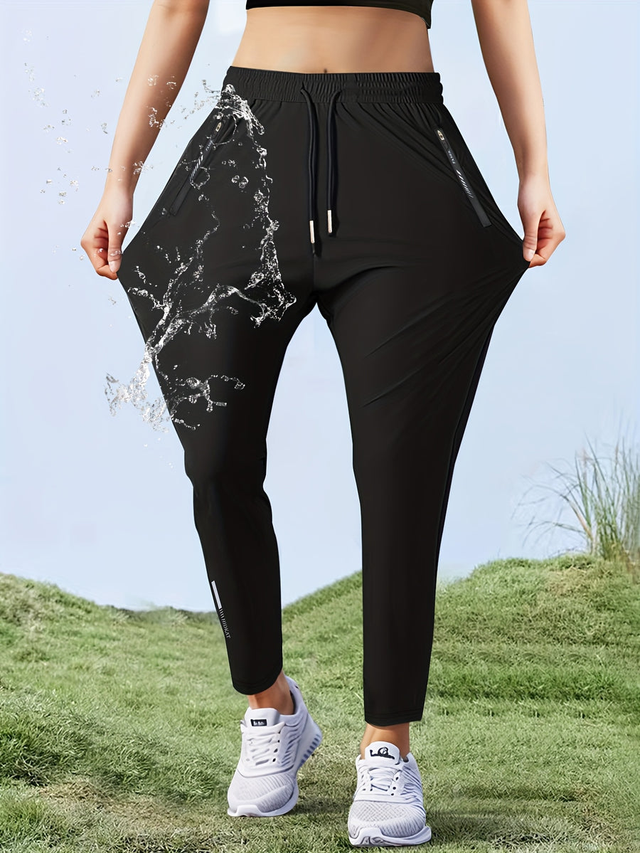 Women'S High-Elasticity Straight-Leg Fiber Pants | Casual Solid Color Long Length with Drawstring Waist, Zipper Pocket, Quick-Dry for Spring/Fall - Black