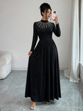 Women'S Elegant Semi-High Neck Pearl Heavy Craft A-Line Loose Lightweight Evening Dress - Black