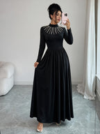 Women'S Elegant Semi-High Neck Pearl Heavy Craft A-Line Loose Lightweight Evening Dress - Black