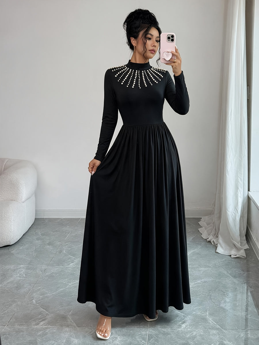 Women'S Elegant Semi-High Neck Pearl Heavy Craft A-Line Loose Lightweight Evening Dress - Black
