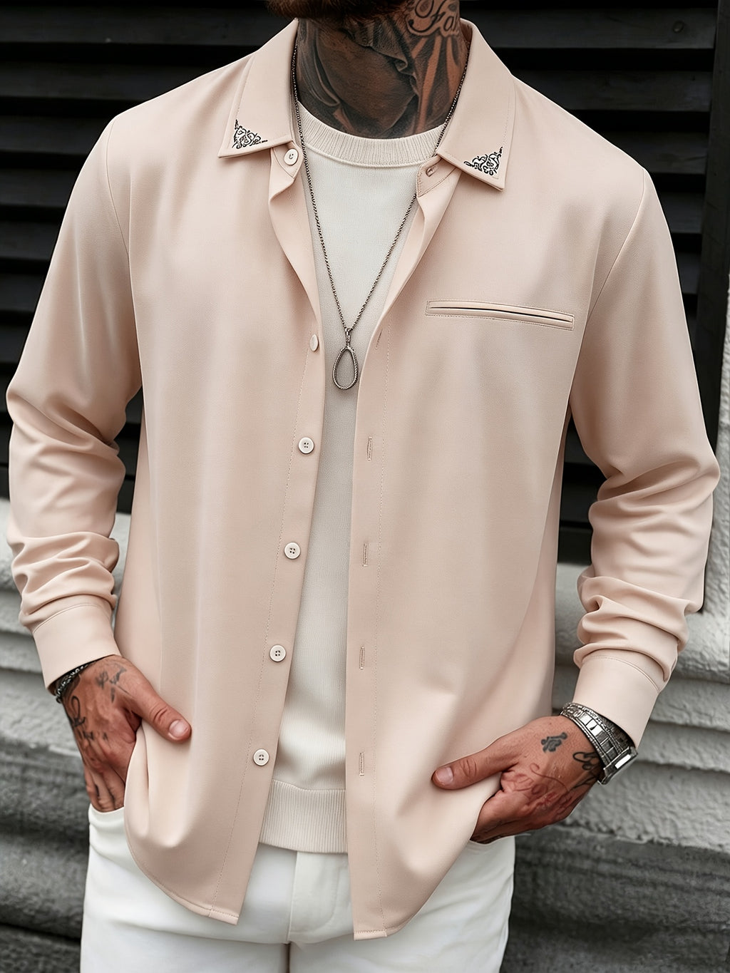 Men's Ethnic Print Button-Up Shirt with Lapel Collar & Faux Suitable for Spring/Autumn, Machine Washable Button- Shirt, Non-Stretch Suitable for Business Casual, -Casual Wear, Office & Everyday Use - Apricot