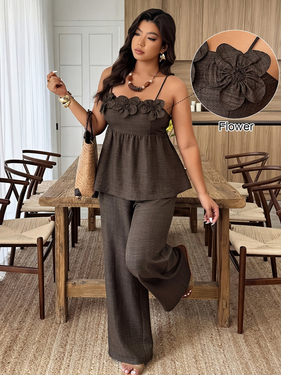 Women'S Solid Color Thin Strap Ruffled Elegant Pullover Sweater And Straight Solid Color Long Pants, Summer New Casual to Formal Wear, Designer Style, Beautiful Two-Piece Pants Set - Coffee Color