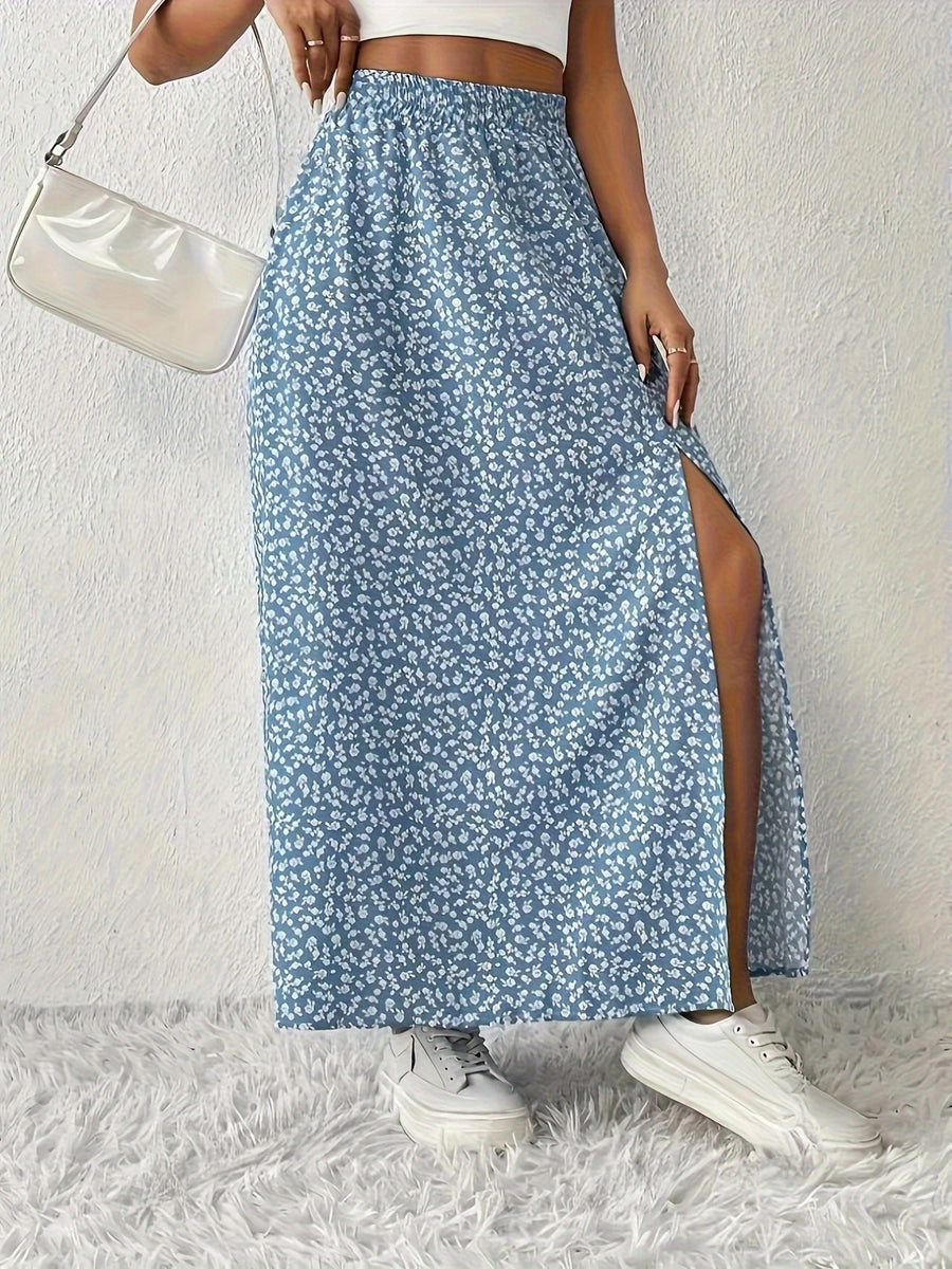 Small Floral Fresh Temperament Cinched Slit Midi Skirt - Sky Blue