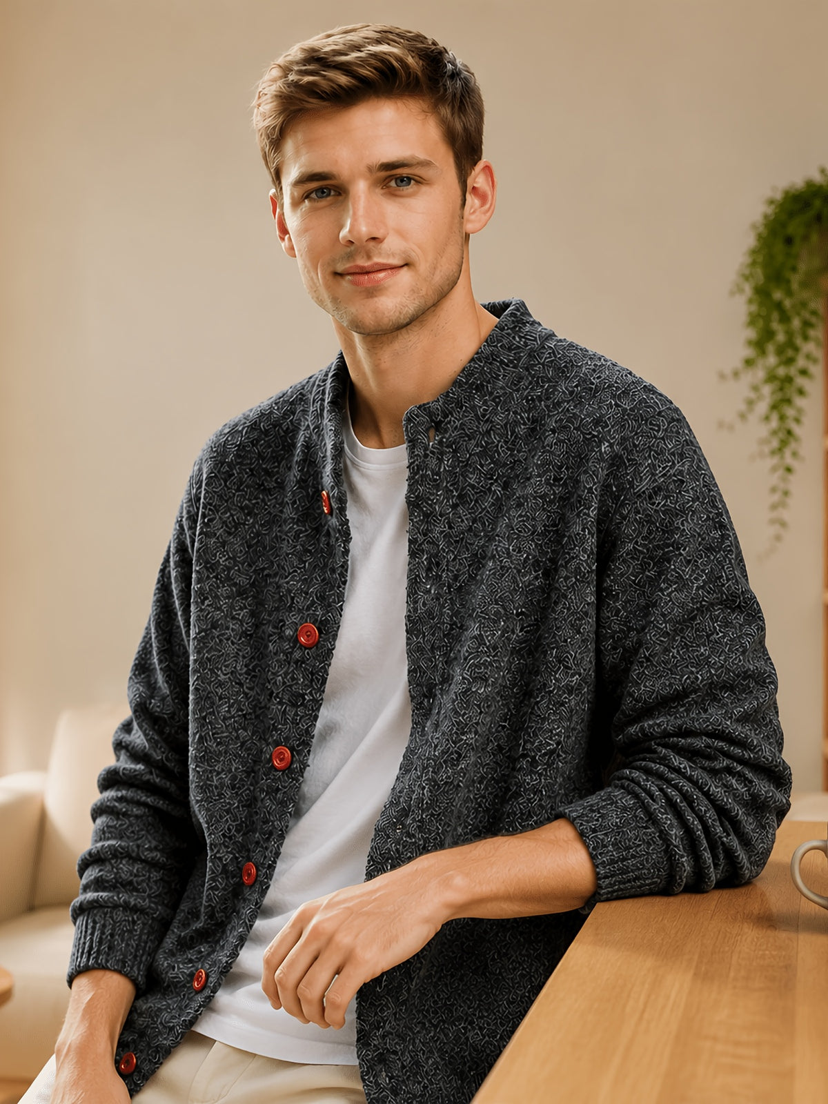 [Wading Whale OBM] Autumn Winter New Men'S Knit Cardigan, Old Money Style Solid Color Striped Single-Button Open Front Round Neck Sweater for Business Casual Fashion, Suitable for Spring, Autumn, Winter Layering Or Outerwear, Fits Daily Casual - Dark Gray