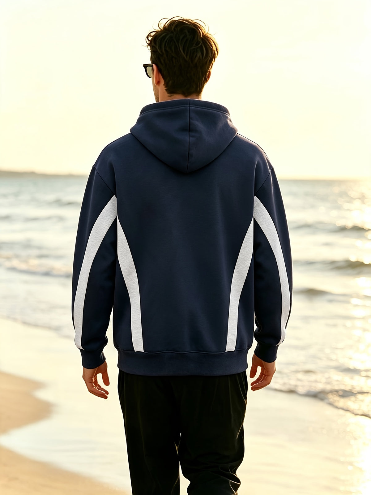 New Men'S Double Striped Hooded Sweatshirt with Loose Fit And Comfortable Pockets, Versatile And Trendy Hoodie for Daily Use - Navy Color