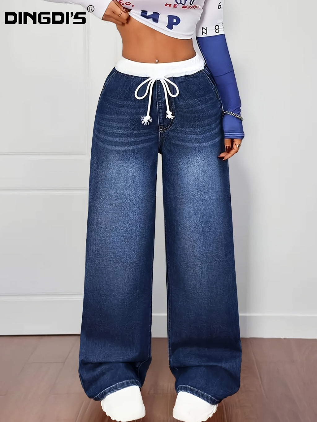 Women'S 2026 Autumn Winter New Elastic Loose High Waisted Tummy Control Jeans, Washed Blue Denim Trousers with Pockets, 90S Ladies' Outfit, Comfort Fit Wide Leg Boyfriend Pants, Drawstring Pull on Casual Trousers for Work, Travel And Office Wear - Deep Blue