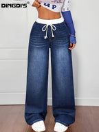 Women'S 2026 Autumn Winter New Elastic Loose High Waisted Tummy Control Jeans, Washed Blue Denim Trousers with Pockets, 90S Ladies' Outfit, Comfort Fit Wide Leg Boyfriend Pants, Drawstring Pull on Casual Trousers for Work, Travel And Office Wear - Deep Blue