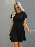 Elegant A-Line Dress with Ruffle Short Sleeve & High-Waist Fit - Knee-Length Dress for Date Night, Commuting, Weddings - Spring Summer Fall Wedding Guest Dress, Solid Black Dress (No underpinns Needed) - Hand Washable Medium - Black