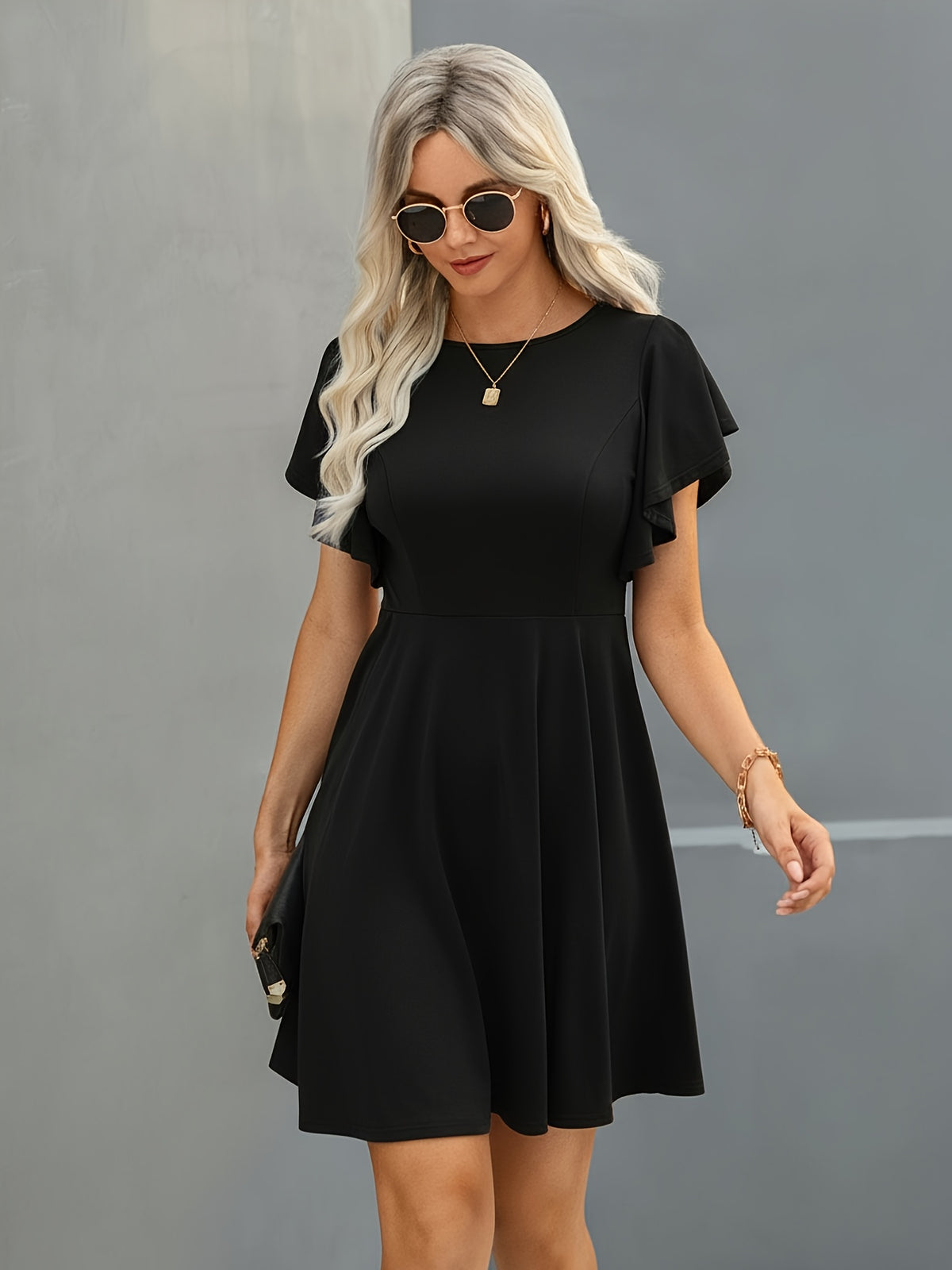 Elegant A-Line Dress with Ruffle Short Sleeve & High-Waist Fit - Knee-Length Dress for Date Night, Commuting, Weddings - Spring Summer Fall Wedding Guest Dress, Solid Black Dress (No underpinns Needed) - Hand Washable Medium - Black