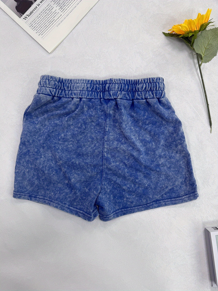 Small Niche Design, Fashionable and Trendy Patterns, Printed Women's Summer Retro Washed Distressed Shorts, Loose and Casual - Royal Blue