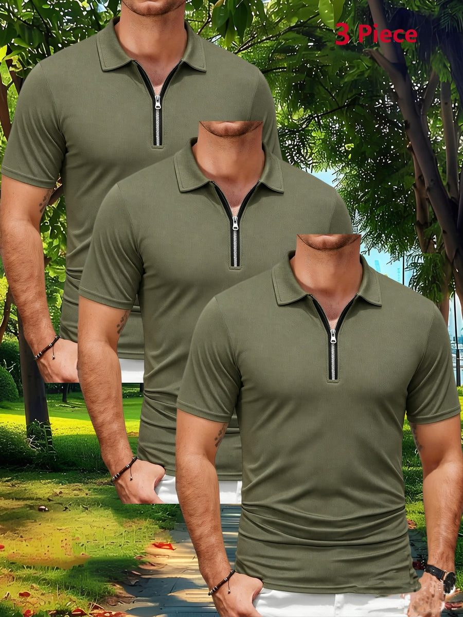 Three-pc Men's Sporty Outdoor Casual Lapel Solid Color Breathable Polo Shirts for High-End Occasions - Army Green Three-Piece Set