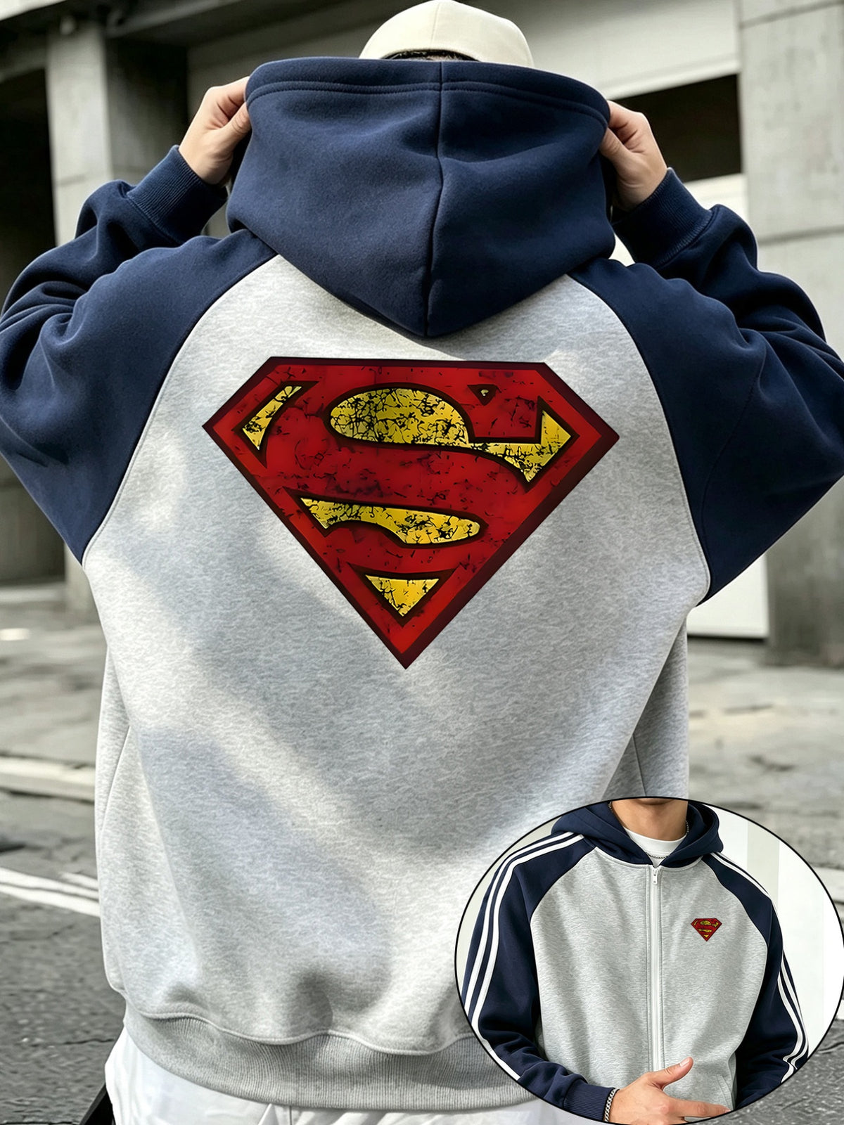 Men's New Autumn/Winter Streetwear Style Sweatshirt Hoodie Jacket Top with Superman Classic Red Shield Distressed Crack S Logo Print, Blue-Gray Striped Sleeve Design, Loose Fit, Men's Apparel - Light Twist Gray