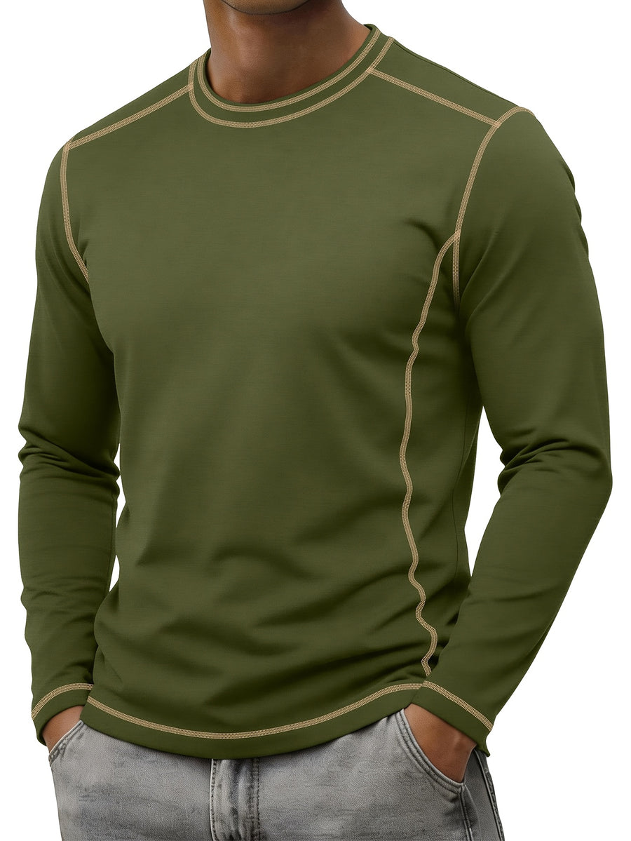 Men's Retro Patchwork T-Shirt - Solid Color Base with Contrast Patch Suitable for Fall/Winter, Round Neck Long Sleeve Casual Layering Top, Machine Washable Blending Shirt for Outdoor & Casual Attire (Regular Fit) - Military Green