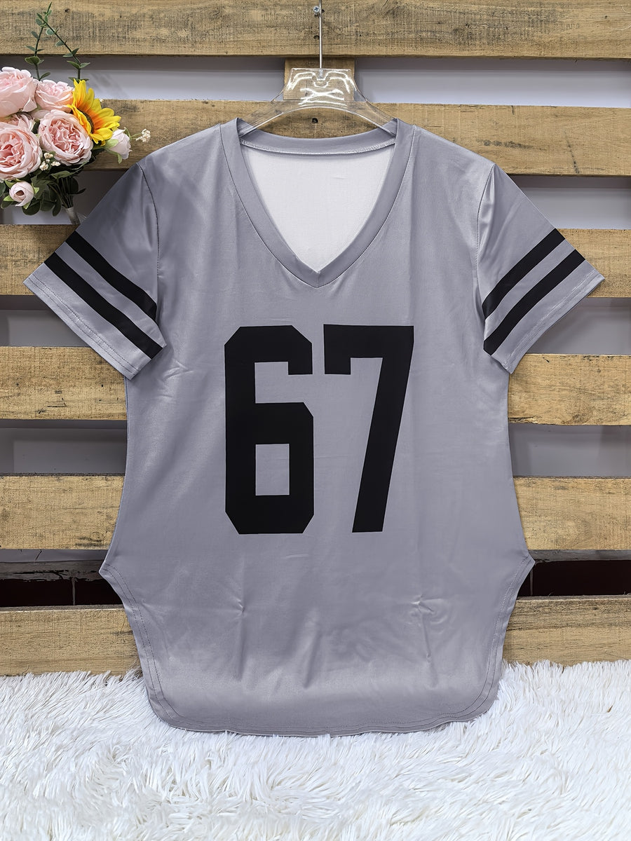 2026 European And American Spring Summer New Women'S Clothing Digital Print Curved Hem V-Neck Loose Casual Short Sleeve T-Shirt Top - Grey