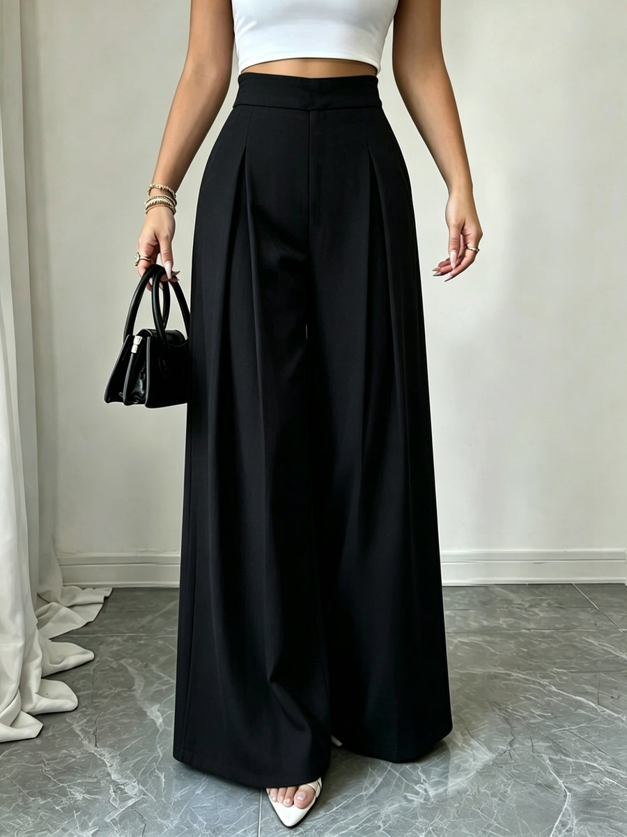 Women'S Dusty Blue Striped Trousers, High-Waist Elegant Summer Commuter Casual Pleated Elastic Waist Wide-Leg Pants, Suitable for Spring And Autumn - Black