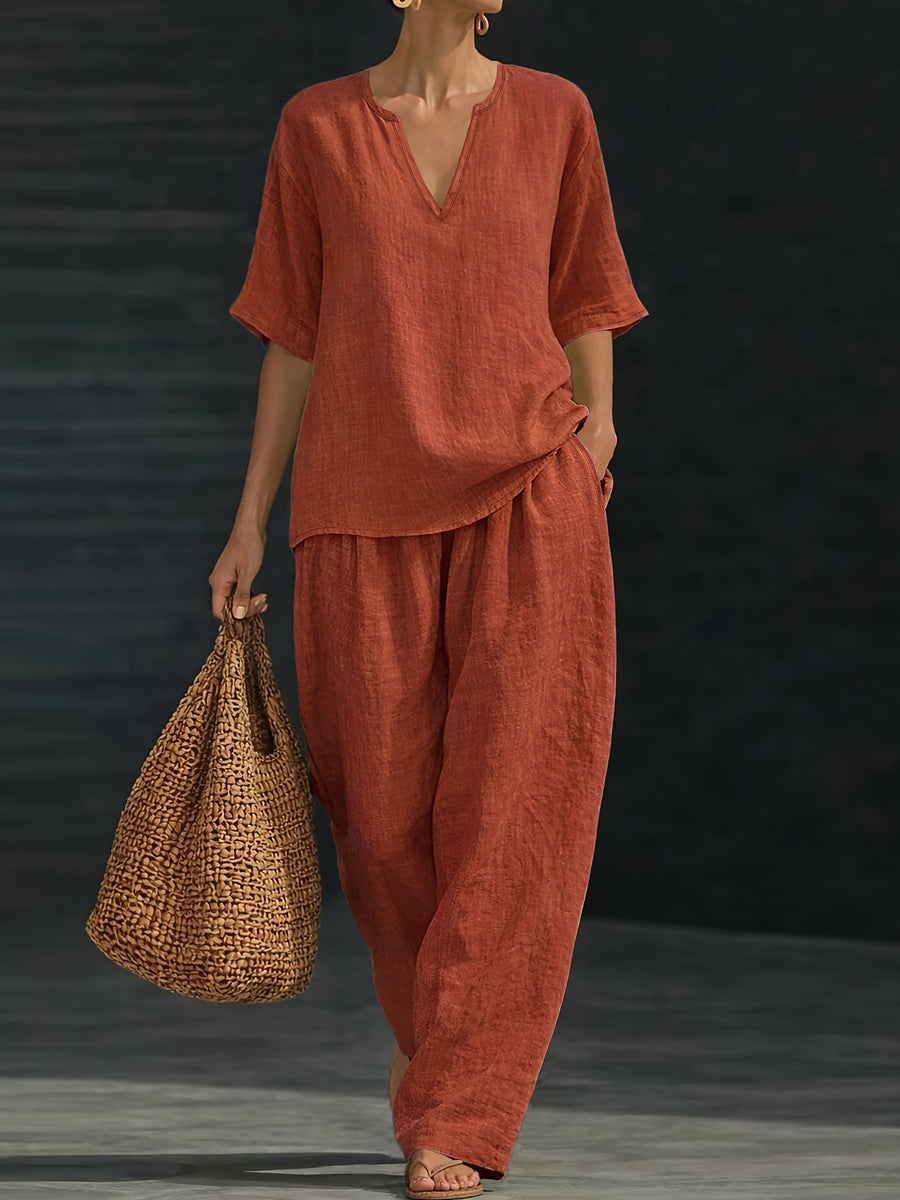 Women's Summer Casual 2pcs Set: Loose V-Neck Top + Wide-Leg Pants - Tangerine