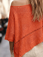 Women'S Hollow-Out Poncho Top, Boat Neck Irregular Hem Summer Beach Cover-Up, Seaside Bohemian Vacation Style Casual Top, Lightweight Breathable Loose Sweater, Mesh Detail Striped Design, Relaxed Layering Style, Suitable for Holiday, Daily Wear - Coral