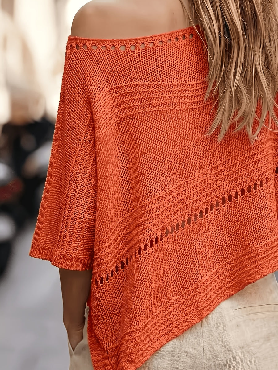 Women'S Hollow-Out Poncho Top, Boat Neck Irregular Hem Summer Beach Cover-Up, Seaside Bohemian Vacation Style Casual Top, Lightweight Breathable Loose Sweater, Mesh Detail Striped Design, Relaxed Layering Style, Suitable for Holiday, Daily Wear - Coral