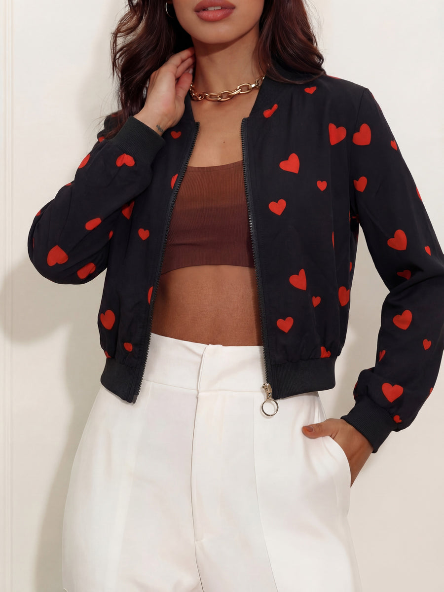 Women's Spring/Summer New Lightweight Casual Elegant Heart Pattern Color-Block Design Jacket with Zipper Front, Baseball Collar, and Ribbed Hem and Cuffs - Black
