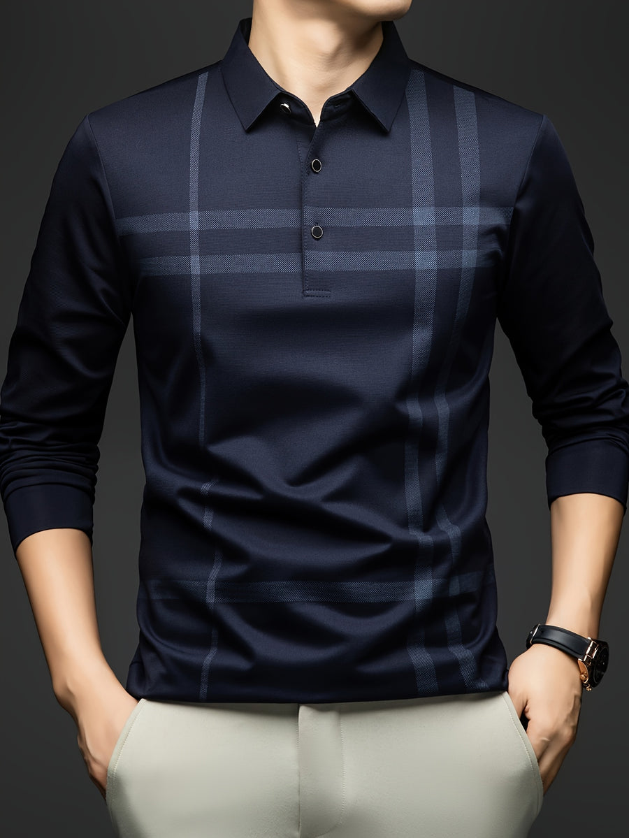 Men'S Striped Long Sleeve Shirt, Casual Commuter Versatile T-Shirt, Lapel Men'S Outdoor Athletic Wear, Easy Long Sleeve Lapel Business T-Shirt, Comfortable Breathable Middle-Aged Men'S Clothing - Navy Color