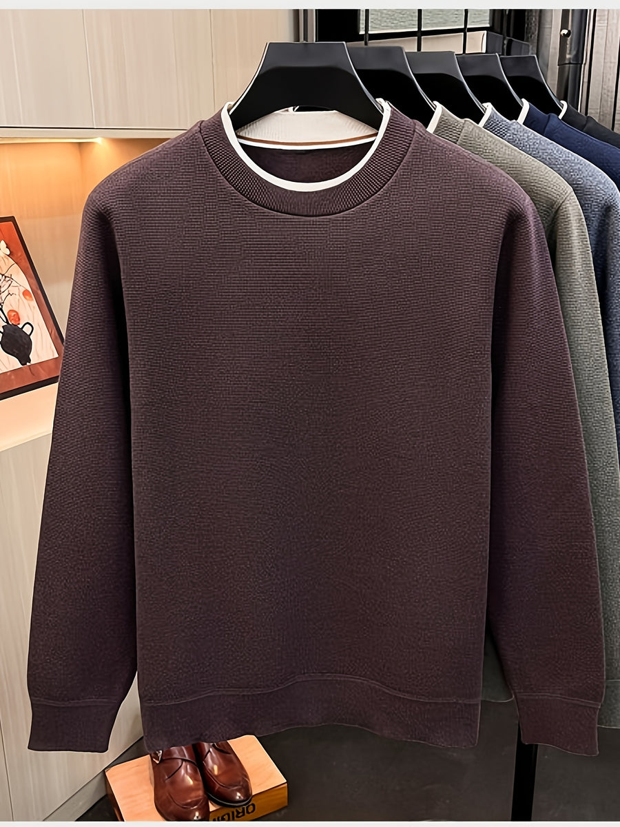 Men'S Round Neck Knit Sweater, Gray Contrast Trimmed Collar Long Sleeve, Light Business Style, Regular Fit for Fall/Winter, Suitable for Layering And Casual Outings - Purple Coffee