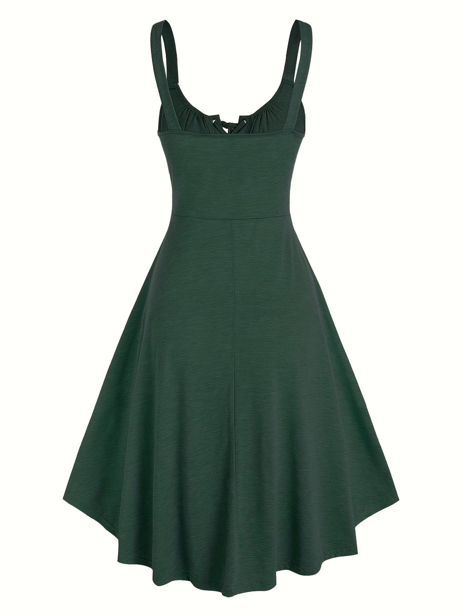 Casual Solid Color, Front Cross Straps with Eye Hook Design, Retro Bust Contour, Short Front Long Back Comfortable Casual, Home, Vacation Dress, Targeted Development - Dark Green