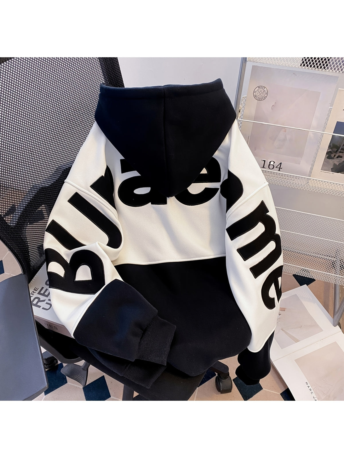 Pearson OBM American Trendy Street Hip-Hop Punk Gothic Style Hoodie with Color Block Patchwork, Embroidered Letters, Kangaroo Pocket, Drawstring Hood, Sweatshirt for Holiday, Vacation, and Travel - Black