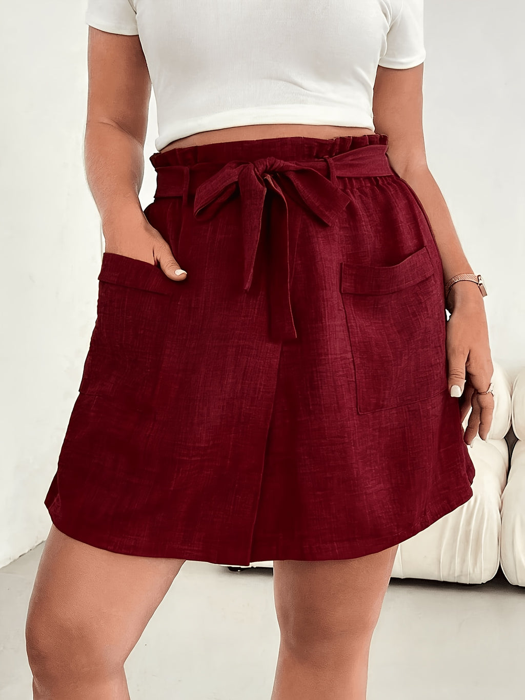 Vintage Bow-Knot Wide-Leg Pants Skirt - Short Tie-Strap Half-Skirt with Double Pocket, Bow Detail & Loose-Fit | Machine Washable Solid Color Suitable for Commuting, Office, Semi-Formal Wear - Summer Short Skirt Pants - Burgundy