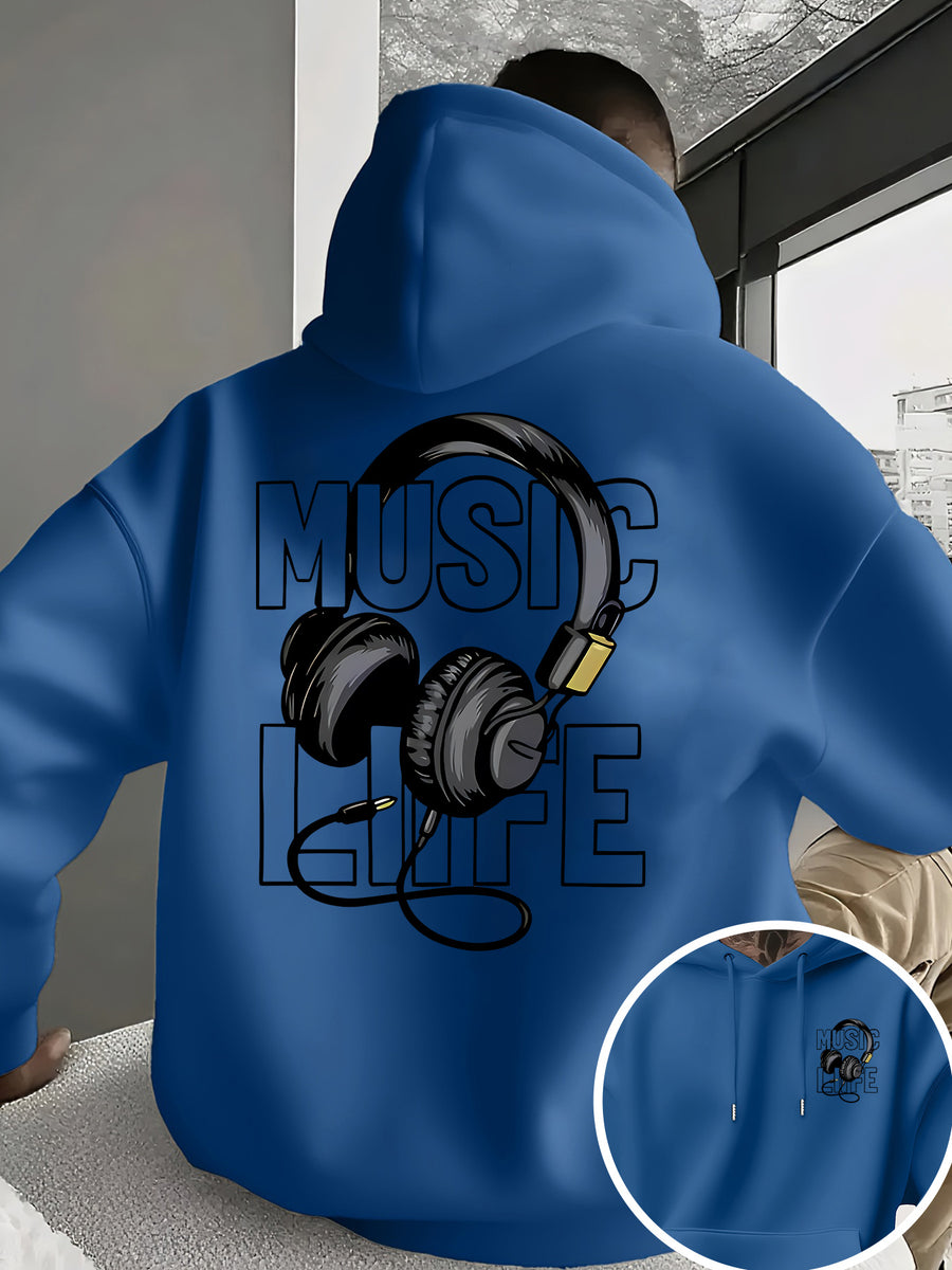 Men's New Trendy Hoodie, Casual Daily Drawstring Hooded Sweatshirt with MUSIC Print, Headphones, Front Kangaroo Pocket, Men's Top - Peacock Blue