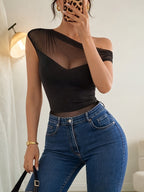 New Women's Versatile Summer Mesh Bodysuit, Elegant and One-shoulder Mesh Patchwork Pleated Bodysuit, Sexy Party and Nightclub Outfit, Elegant Summer Women's Bodysuit. - Black