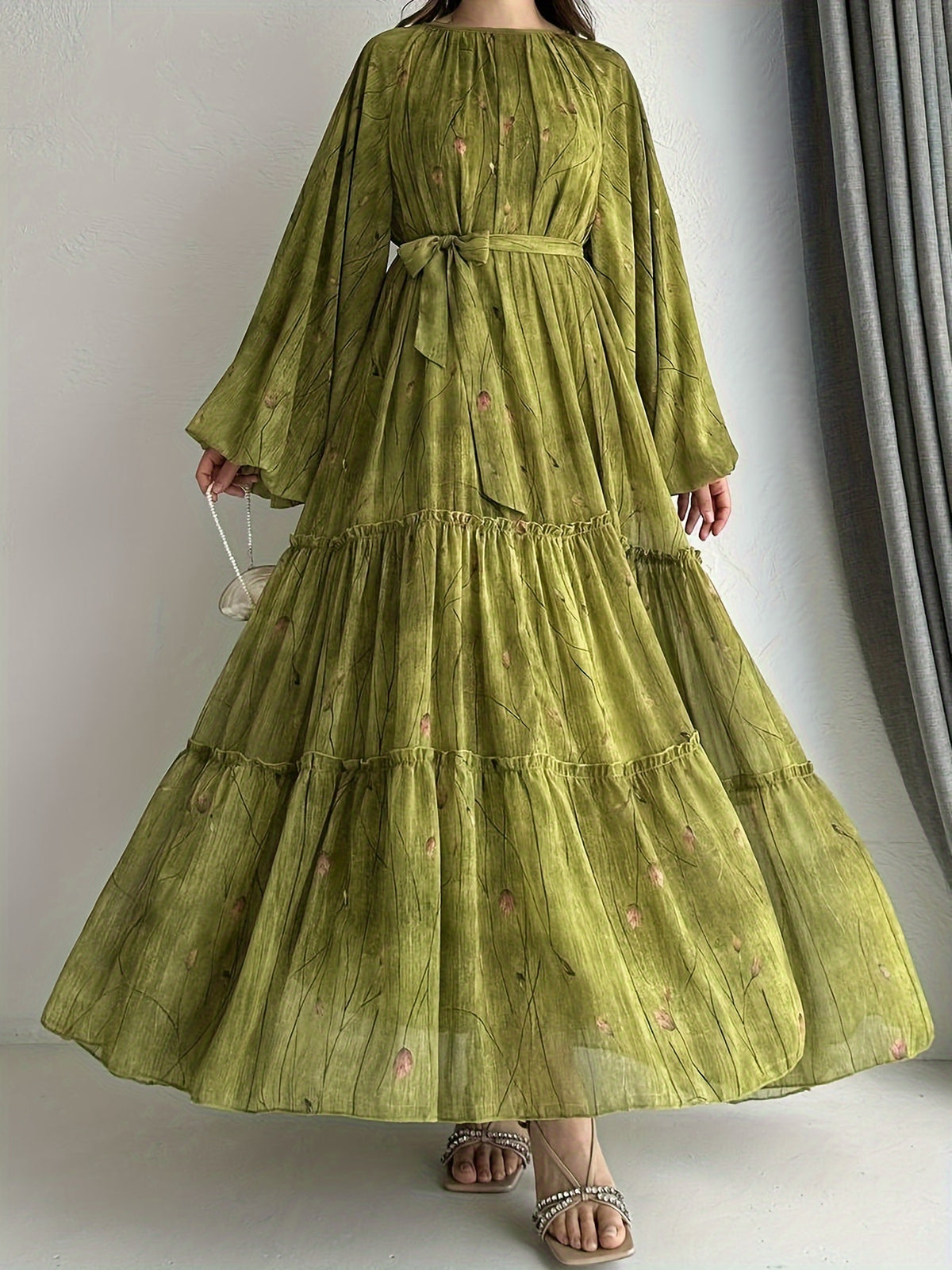 Women's Middle Eastern Muslim Chiffon Print Dress - Olive