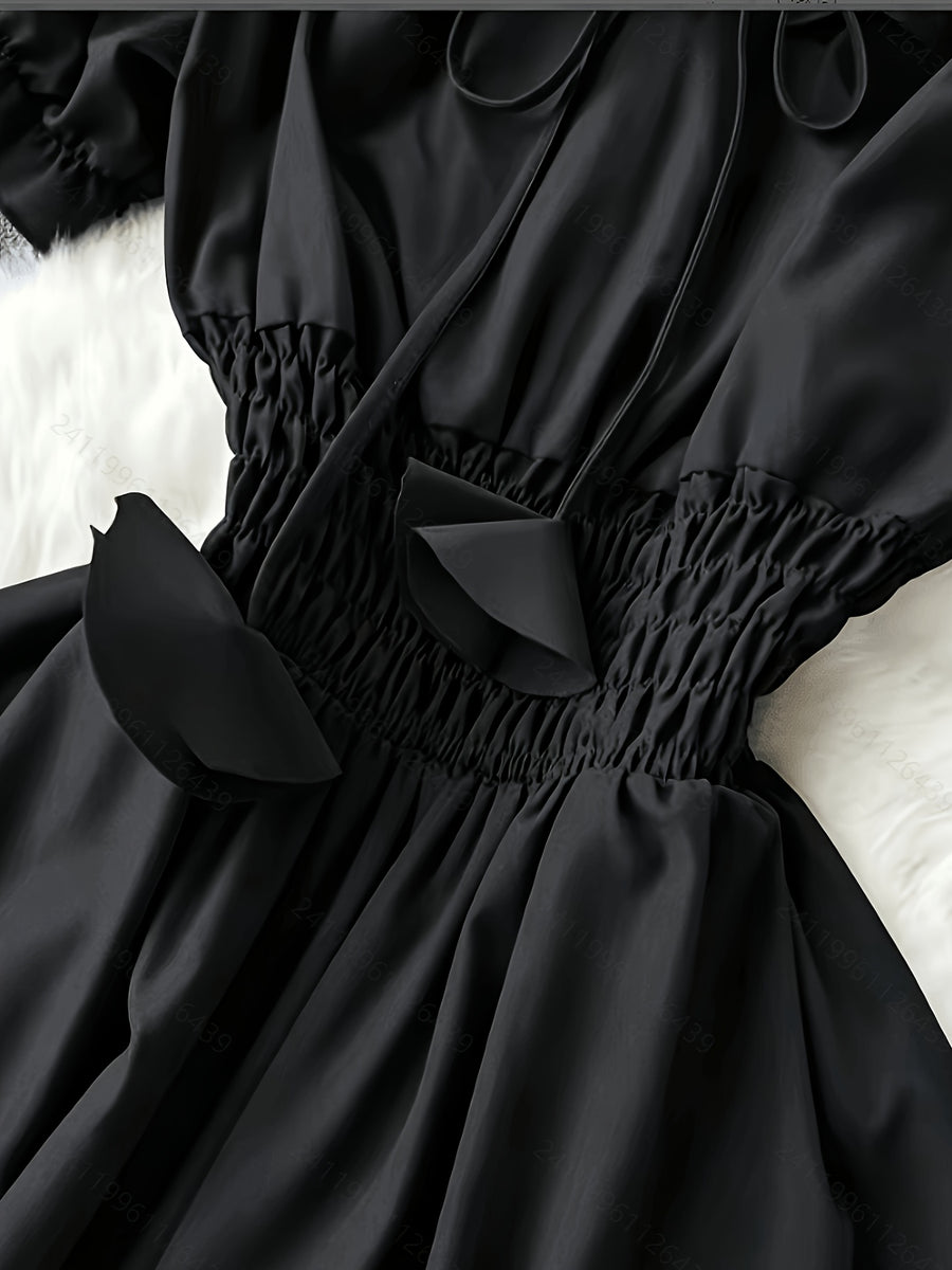 Spring/Summer French-Style Dress for Women, Solid Color, Elegant and Gentle Style, Off-Shoulder Neckline, Short Sleeves, Red Spliced Maxi Skirt, Puff Sleeves, Waist-Cinching Fairy Dress, Sweet Vacation Dress, Gavin - Black