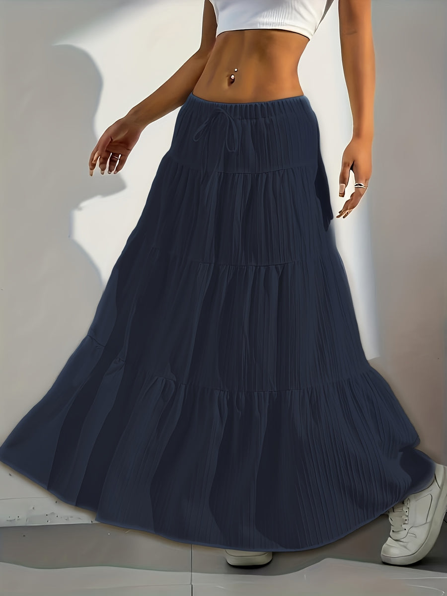 Elegant Style 2025 Western Cross-Border Women'S New Solid Color Half Skirt with Tie-Back Flared Skirt Loose Half Skirt Women - Navy Color